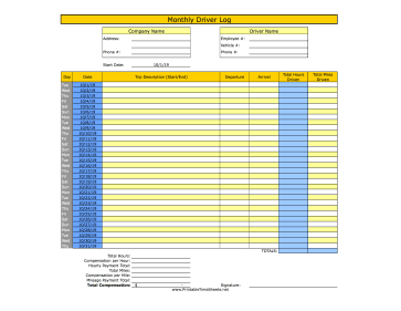 Monthly Driver Time Sheet With Mileage 1 Trip