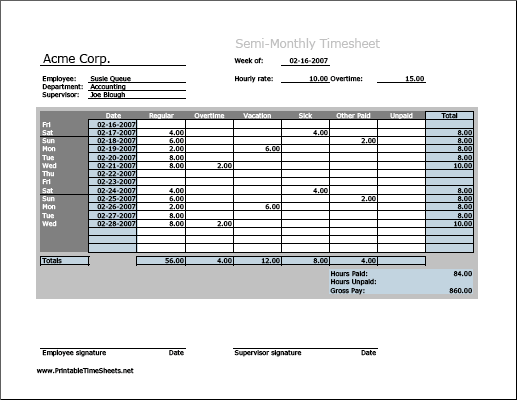 Semi-monthly Timesheet (horizontal orientation, work hours entered directly)