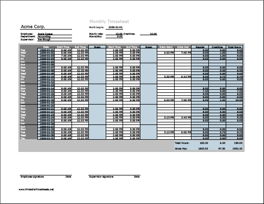 Monthly Timesheet with overtime calculation & breaktime column, 3 work periods
