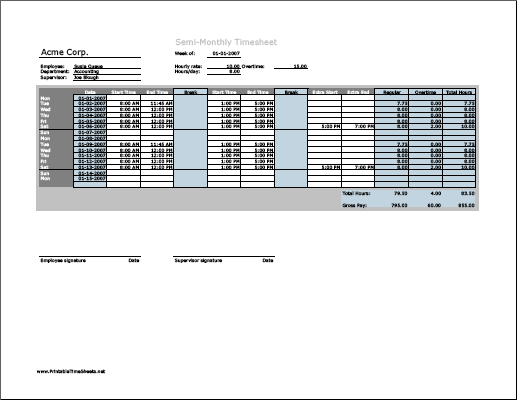 Semi-monthly Timesheet (horizontal orientation) with overtime calculation & breaktime column, 3 work periods