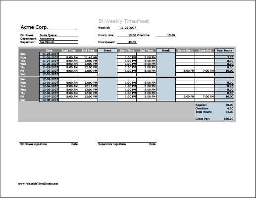 Biweekly Timesheet (horizontal orientation) with overtime calculation & breaktime column, 3 work periods