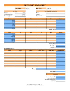 Bi-Weekly Commissions Timesheet Monetary Quota