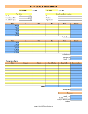 Bi-Weekly Commissions Timesheet Product Unit Quota