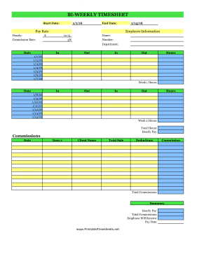 Bi-Weekly Commissions Timesheet With Deductions