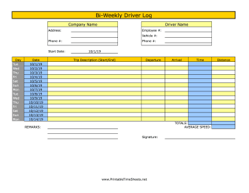 Bi-Weekly Driver Time Sheet 1 Trip