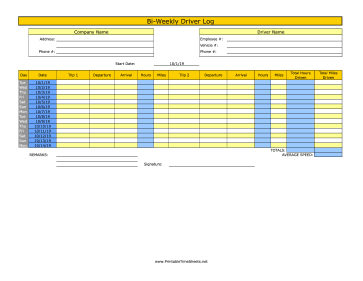 Bi-Weekly Driver Time Sheet 2 Trips