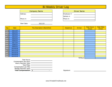 Bi-Weekly Driver Time Sheet With Mileage 1 Trip