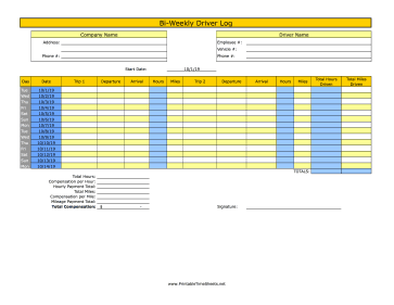 Bi-Weekly Driver Time Sheet With Mileage 2 Trips
