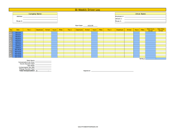 Bi-Weekly Driver Time Sheet With Mileage 3 Trips