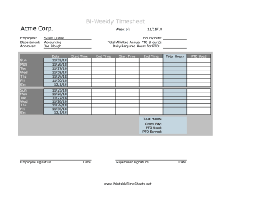 Bi-Weekly Timesheet With Daily PTO Calculation