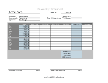 Bi-Weekly Timesheet With PTO Calculation