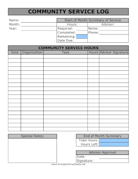 Community Service Timesheet Large Print