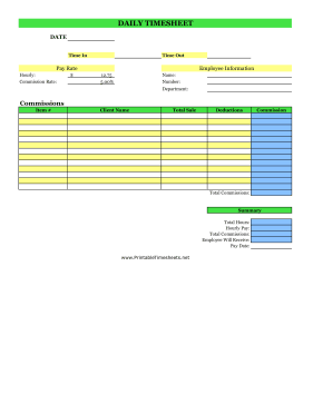 Daily Commissions Timesheet With Deductions
