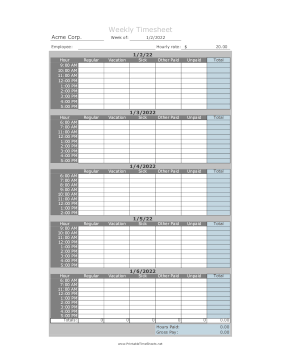 Hourly Timesheet Weekly Large Print