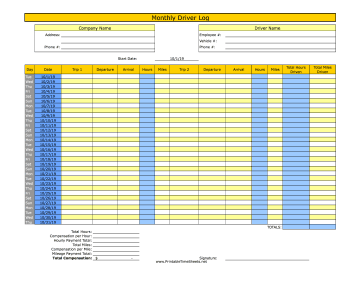 Monthly Driver Time Sheet With Mileage 2 Trips