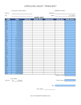 Monthly Time Sheet With Break Night Shift