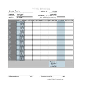 Monthly Timesheet With Daily PTO Calculation