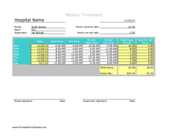 Nurse Timesheet No Breaks