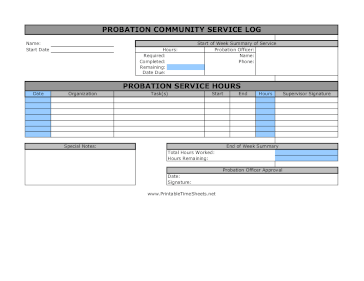 Probation Community Service Log Weekly