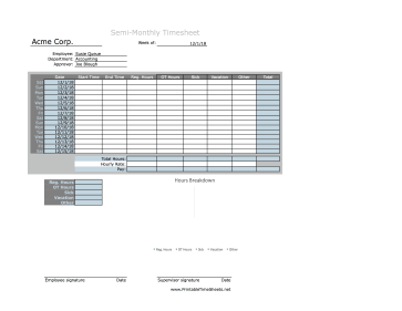 Semi-Monthly Timesheet With Pie Chart