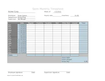 Semi-Monthly Work Hours Large Print