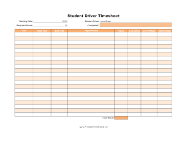 Student Driver Log With Cumulative Hours