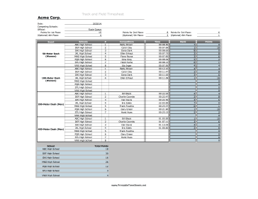 Track and Field Timesheet Track Events