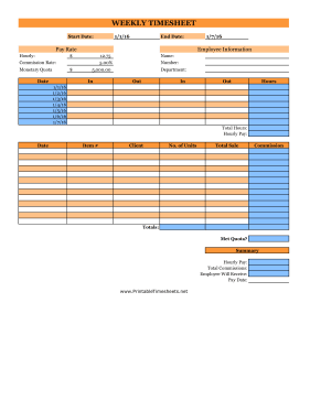 Weekly Commissions Timesheet Monetary Quota