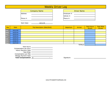 Weekly Driver Time Sheet With Mileage 1 Trip