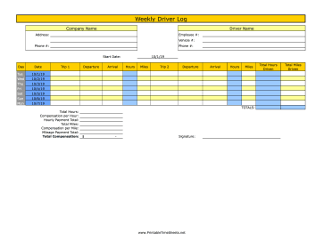 Weekly Driver Time Sheet With Mileage 2 Trips