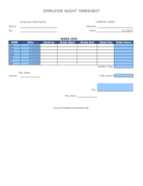 Weekly Time Sheet With Break Night Shift