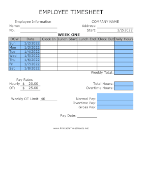 Weekly Time Sheet With Lunch Large Print