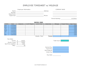 Weekly Timesheet With Mileage Large Print
