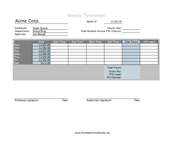 Weekly Timesheet With PTO Calculation