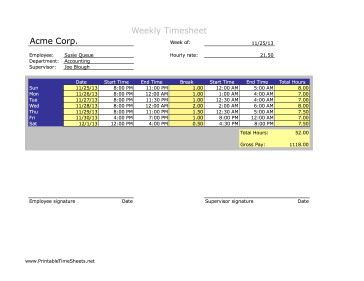 Weekly with Breaks Night Shift