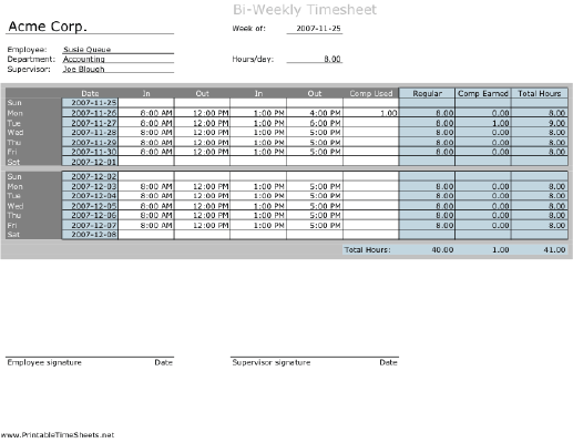 Biweekly Timesheet with comp time calculation
