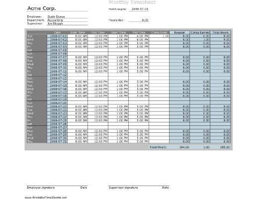 Monthly Timesheet with comp time calculation