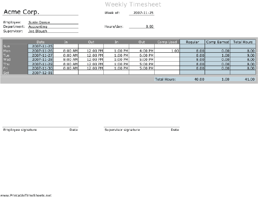 Weekly Timesheet with comp time calculation