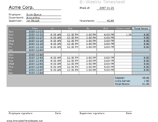 Biweekly Timesheet with comp time calculation