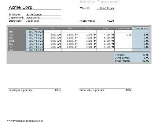 Weekly Timesheet with comp time calculation