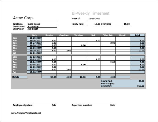 Biweekly Timesheet (horizontal orientation, work hours entered directly)