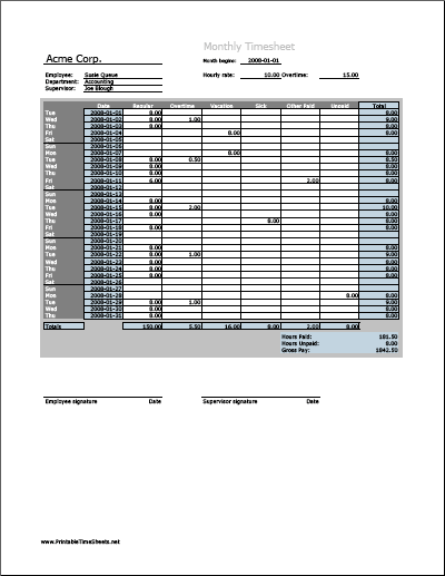 Monthly Timesheet (vertical orientation, work hours entered directly)