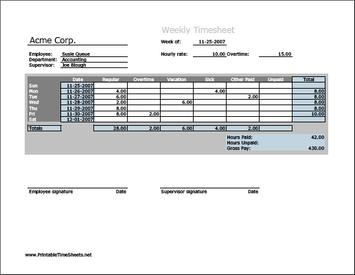 Weekly Timesheet (horizontal orientation, work hours entered directly)