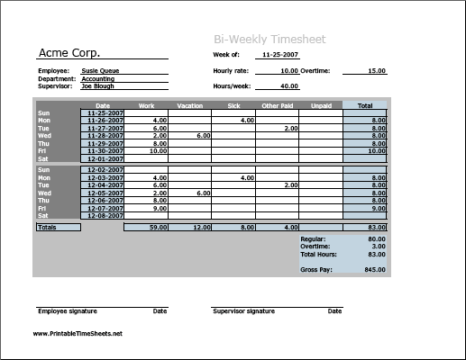 Biweekly Timesheet (horizontal orientation, work hours entered directly)