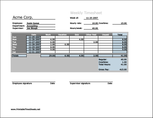 Weekly Timesheet (horizontal orientation, work hours entered directly)