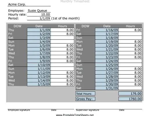 Simple Monthly Timesheet