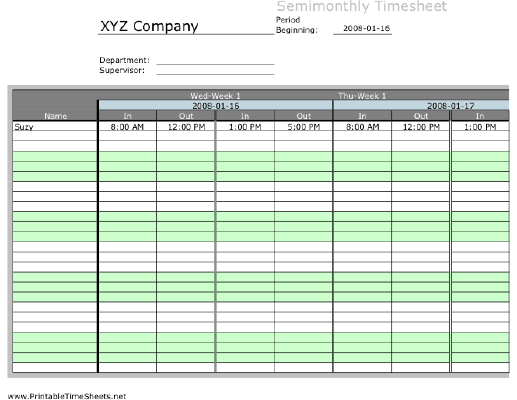 Semi-monthly Multiple-Employee Timesheet, 2 work periods