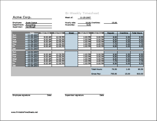 Biweekly Timesheet (horizontal orientation) with overtime calculation & breaktime column