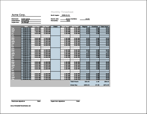 Monthly Timesheet with overtime calculation & breaktime column