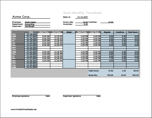 Semi-monthly Timesheet (horizontal orientation) with overtime calculation & breaktime column